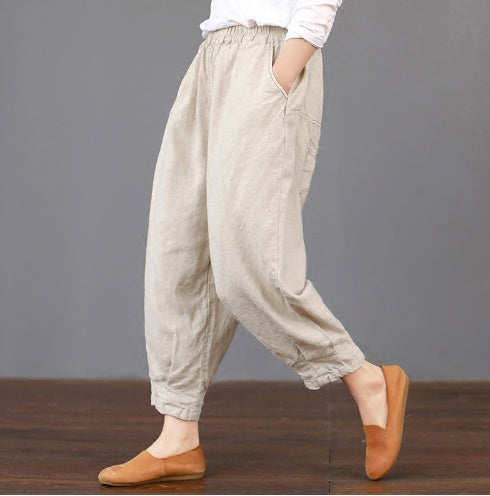 Frühling und Sommer neue literarische Fan Damen lässig einfarbig Baumwolle und Leinen elastische Taille wilde Damenhose war dünn Harlan 
