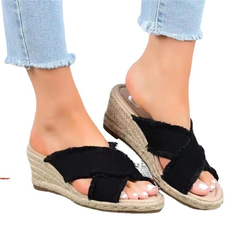 Denim Fashion Hanf geflochtene leichte High Heel Hausschuhe