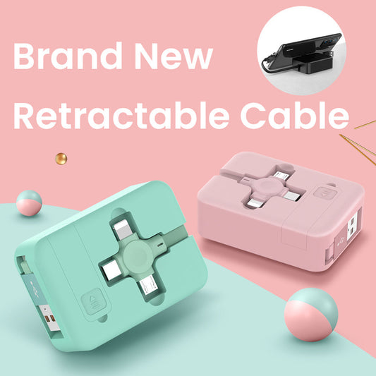 4-in-1-einziehbares USB-Kabel, kreatives Macaron-Typ-C-Mikrokabel für iPhone mit Telefonständer, Ladedatenkabel, Aufbewahrungsbox