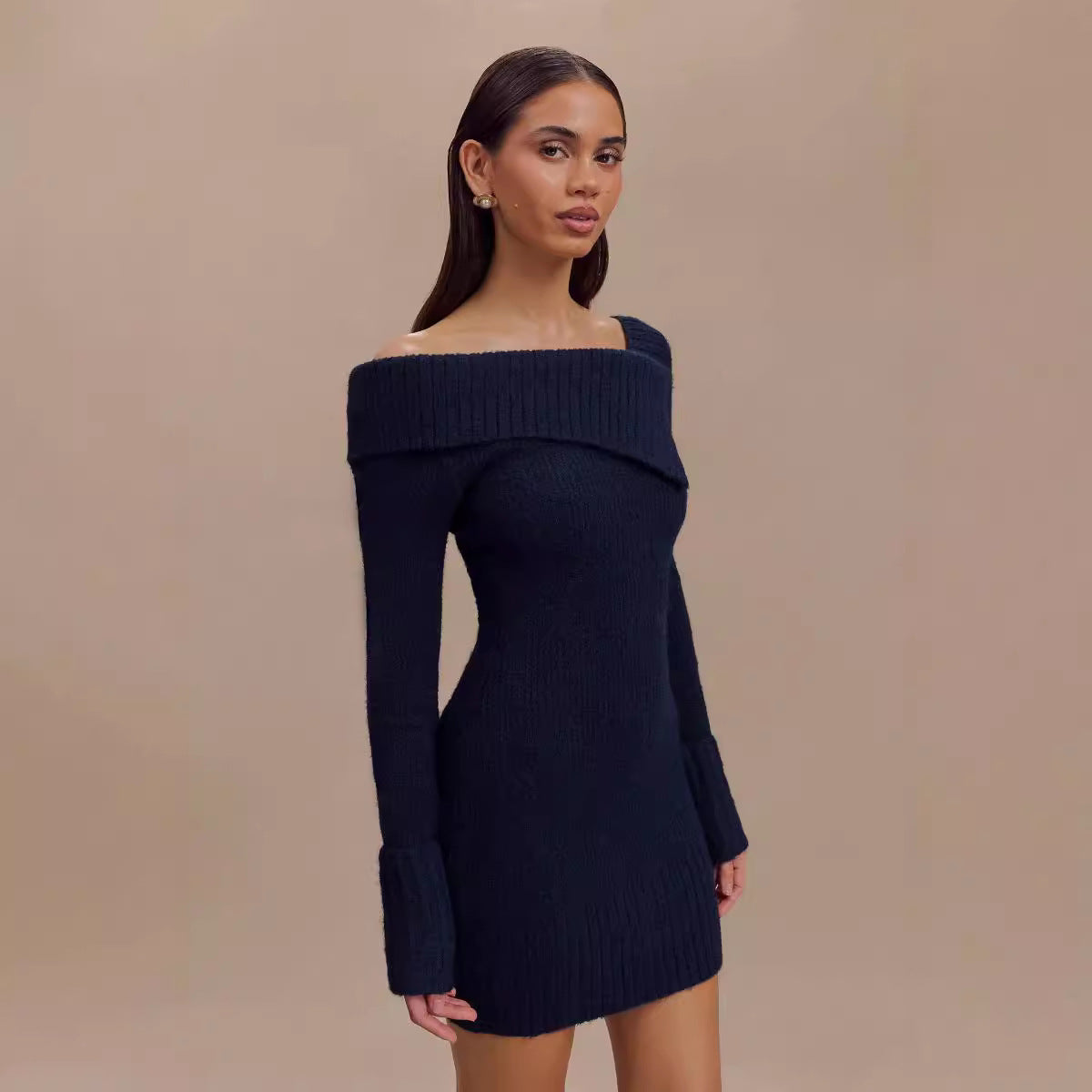 Kleid Pullover Damen Langarm Off-Neck Strick Enganliegender Rock