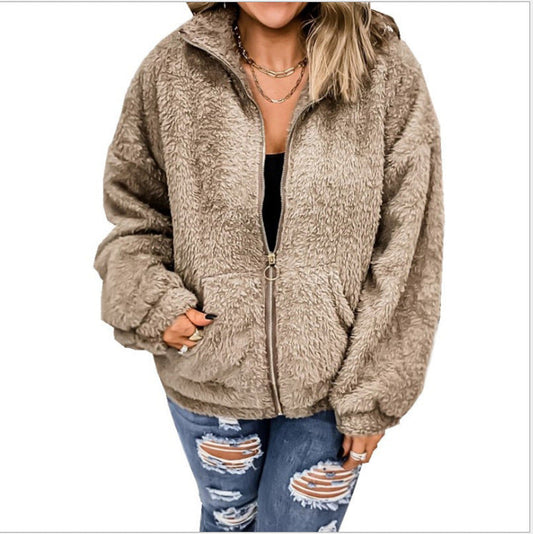 Neue, lockere Strickjacke aus Plüsch mit Reißverschluss für Damen in Einfarbig