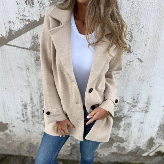 Damen Wollmantel Lässiger lockerer Revers Faux-Tasche Cardigan Wollmantel