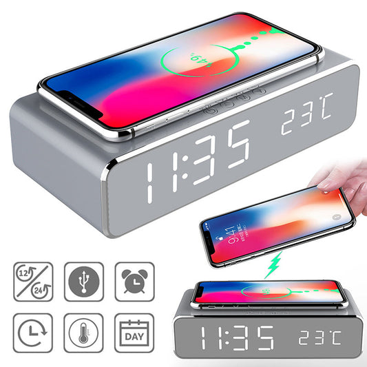 LED Elektrischer Wecker Mit Drahtlosem Ladegerät Desktop Digital Despertador Thermometer Uhr HD Spiegel Uhr Uhr Tisch Dekor