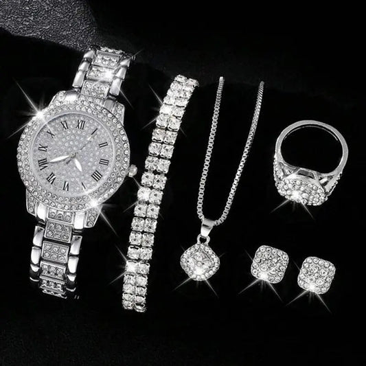 Damen Diamant Mode römische Quarzuhr fünfteiliges Set
