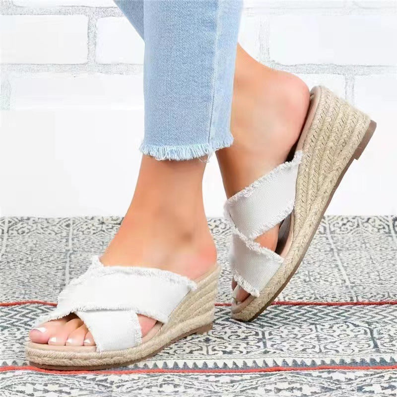 Denim Fashion Hanf geflochtene leichte High Heel Hausschuhe
