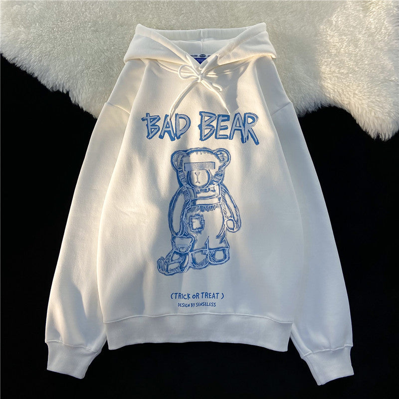 Amerikanischer Hiphop-Bär-Kapuzenpullover für Damen im Herbst und Winter im koreanischen Stil, lockere High Street, Übergröße, Retro-BF-Preppy-Style-Oberteil