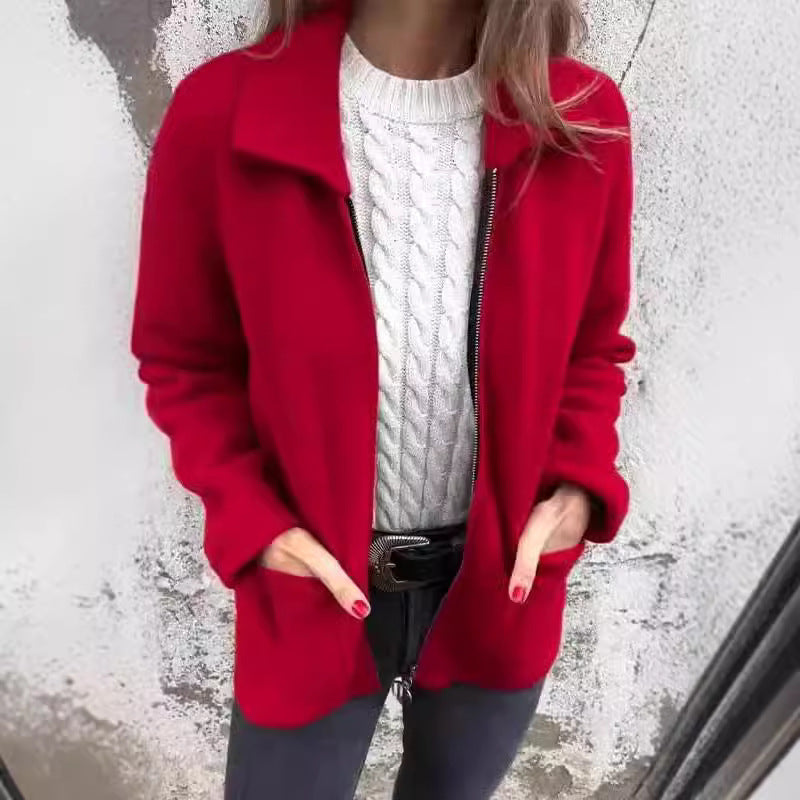 Revers Reißverschlussjacke mit Taschen Mode einfarbig Mantel Herbst Winter Damenbekleidung