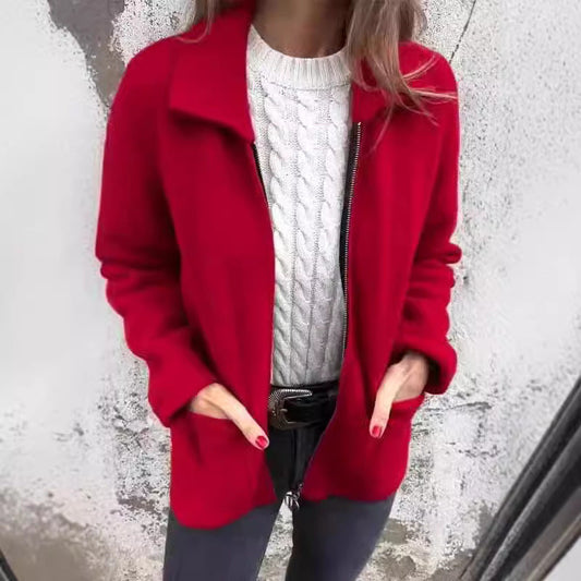 Revers Reißverschlussjacke mit Taschen Mode einfarbig Mantel Herbst Winter Damenbekleidung
