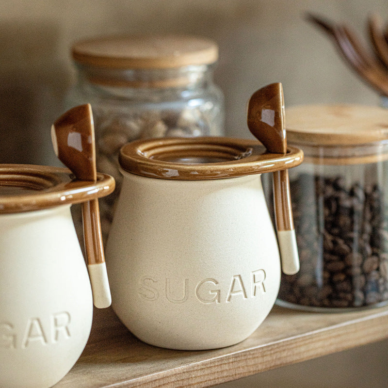Vintage Ceramic Seasoning Jar With Cover Spoon