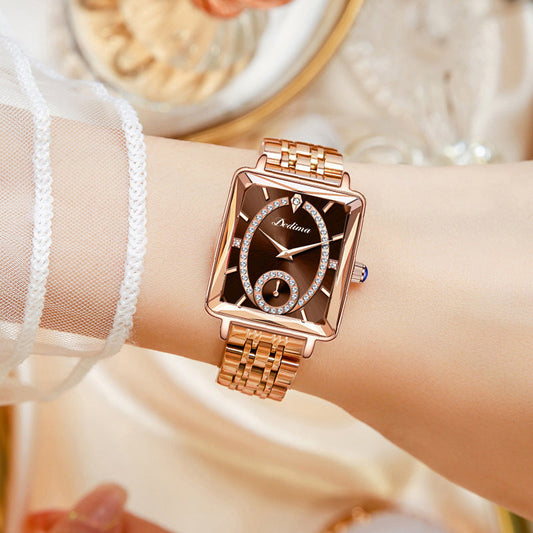 Modische quadratische Damen-Halbuhr mit Diamanten in Roségold mit zwei Stiften
