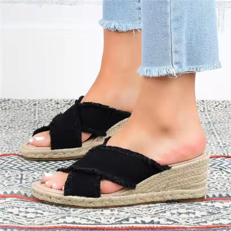 Denim Fashion Hanf geflochtene leichte High Heel Hausschuhe