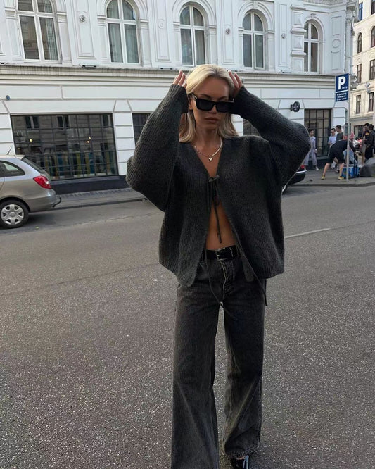 Pullovermantel mit Strickjacke im Retro-Stil für Damen mit einfacher Textur und sanftem Stil