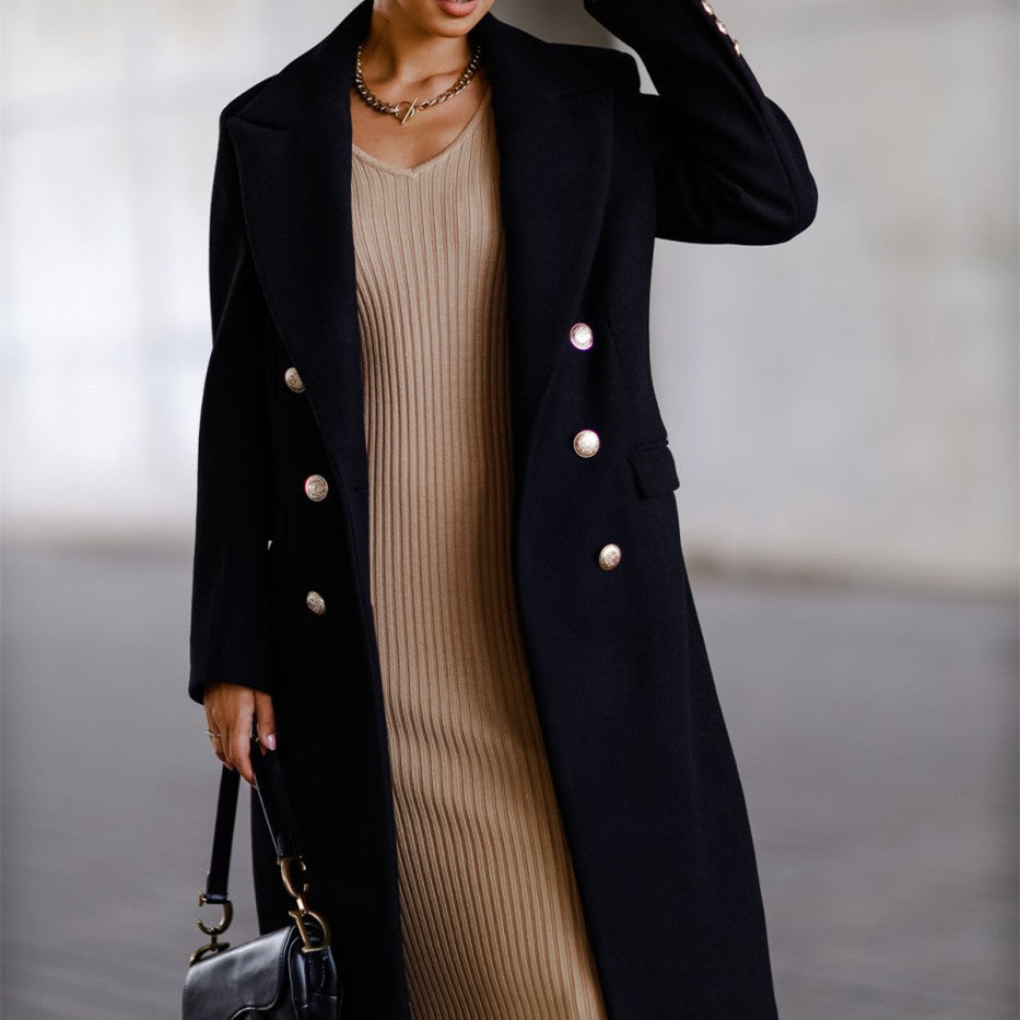 Lange Tweedjacke mit Metallschnalle für Herbst und Winter für Damen