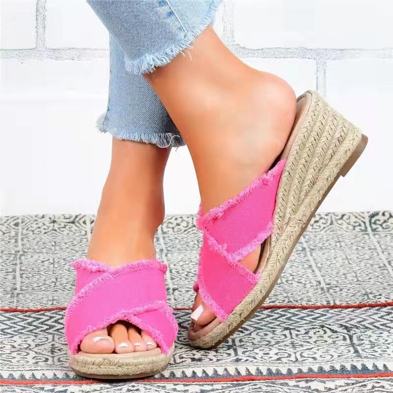 Denim Fashion Hanf geflochtene leichte High Heel Hausschuhe