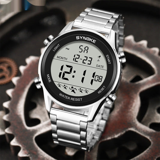 Stahlgürtel Sport Elektronische Uhr Wasserdicht Multifunktionale Große Bildschirm Leuchtende
