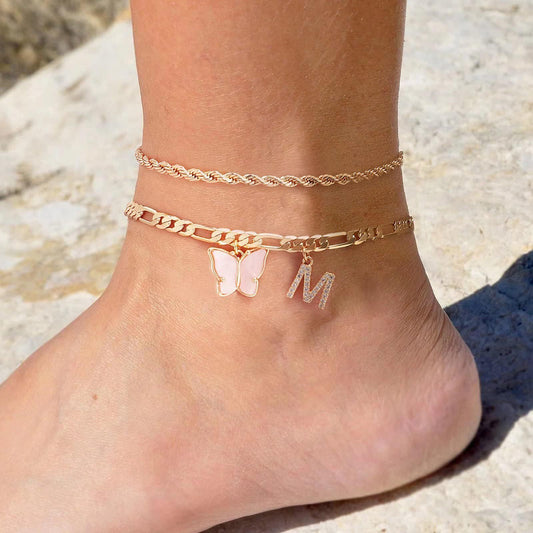 26 Buchstaben Fußschmuck Damen Schmetterling Doppellagig Stapel