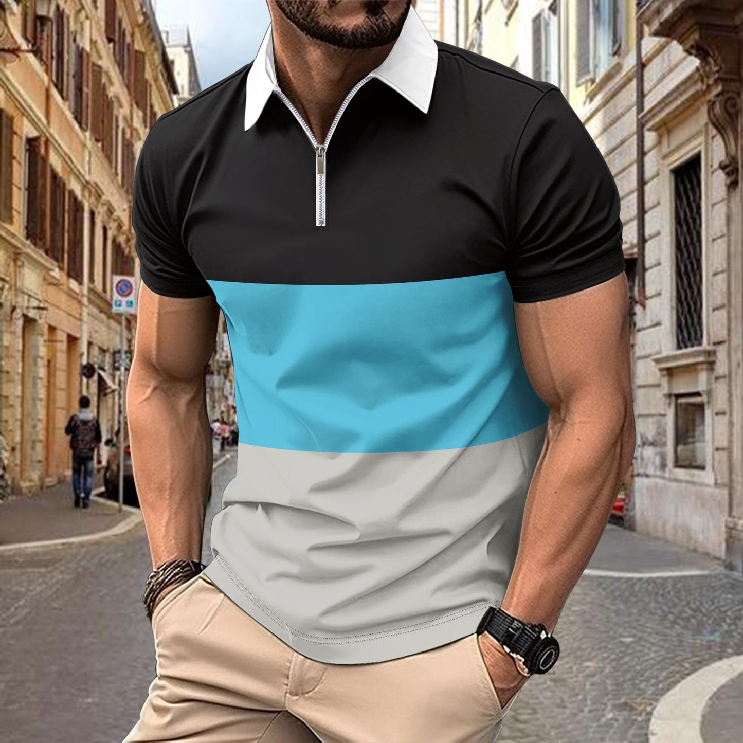 T-Shirt mit mehrfarbigem Aufdruck, Reißverschluss und Revers