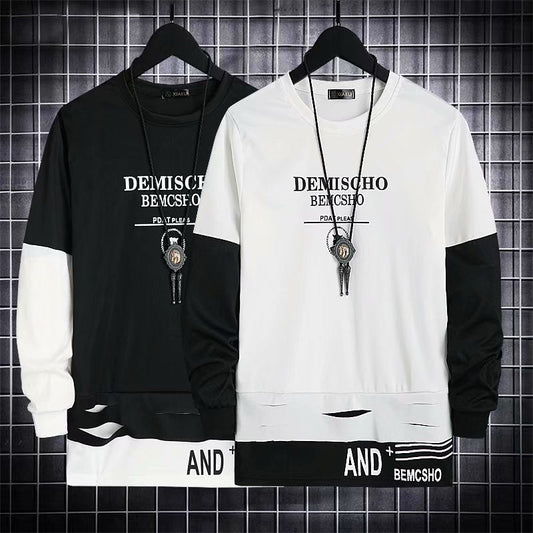 Rundhals Langarm T-Shirt Männlich Korean Style Trend Loose Fake Zweiteiliges Bottoming Shirt