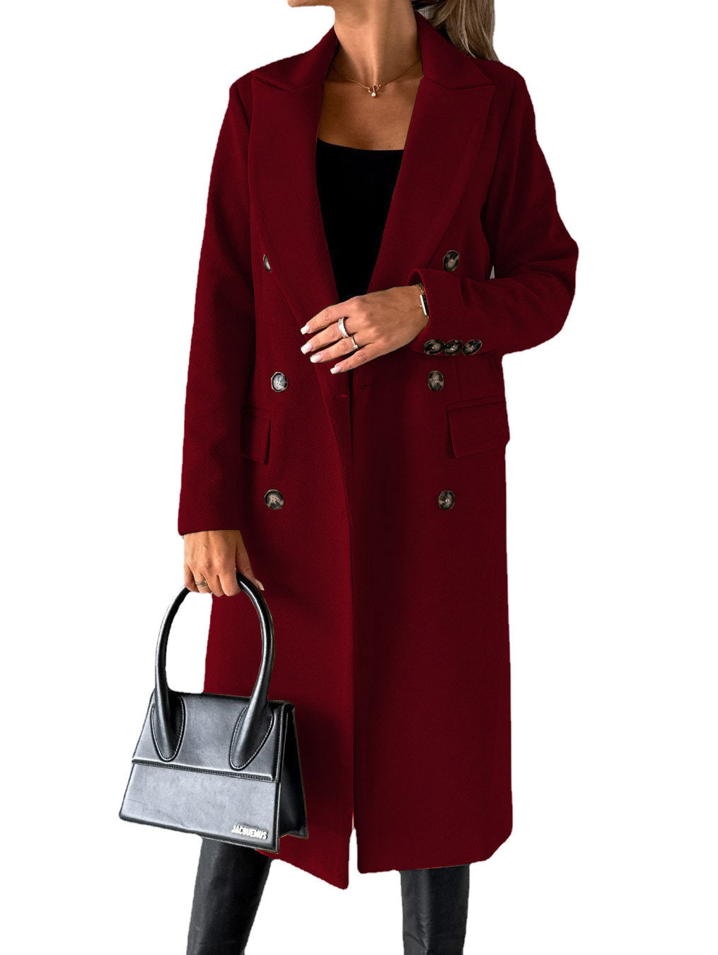 Langarm Revers Mantel Winter Mode Solide Zweireiher Schlank Lange Jacke Damen Kleidung