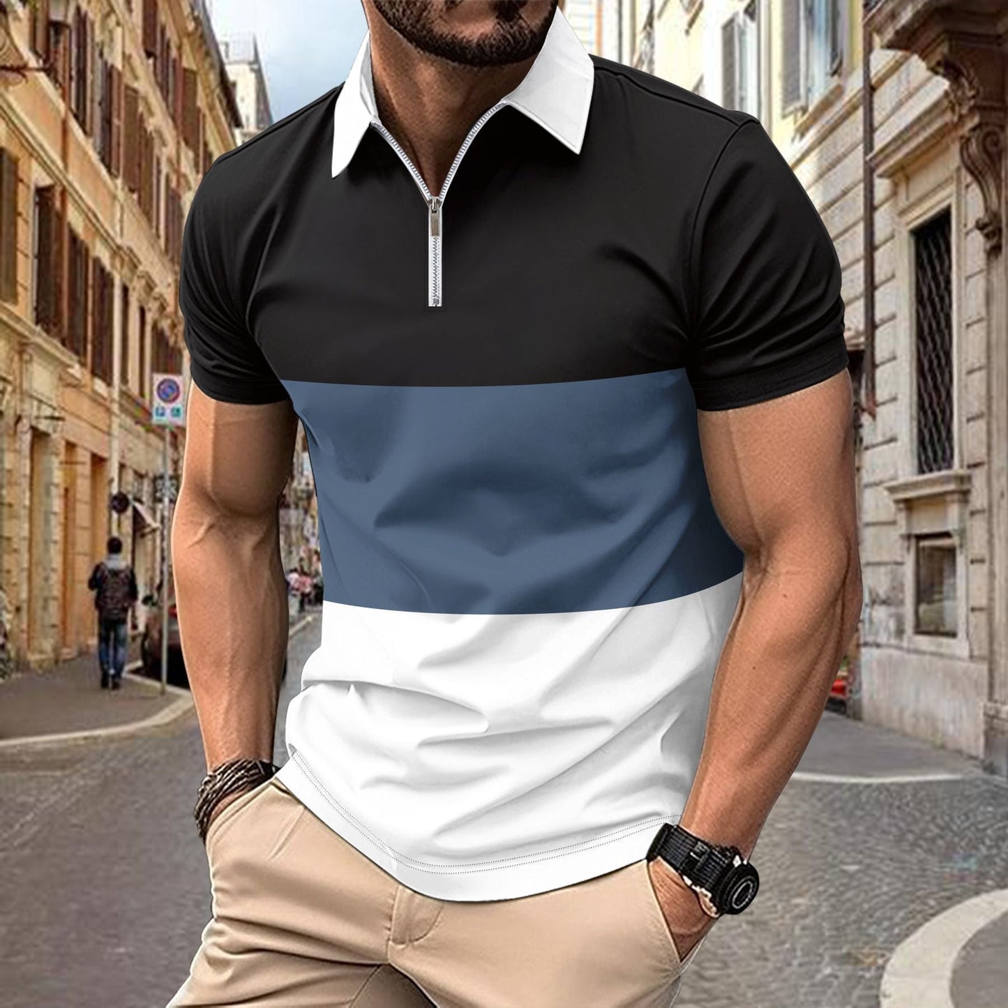 T-Shirt mit mehrfarbigem Aufdruck, Reißverschluss und Revers