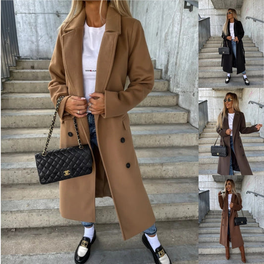 Herbst und Winter Einfachheit Langarm Revers Knopf Split Wollmantel für Frauen