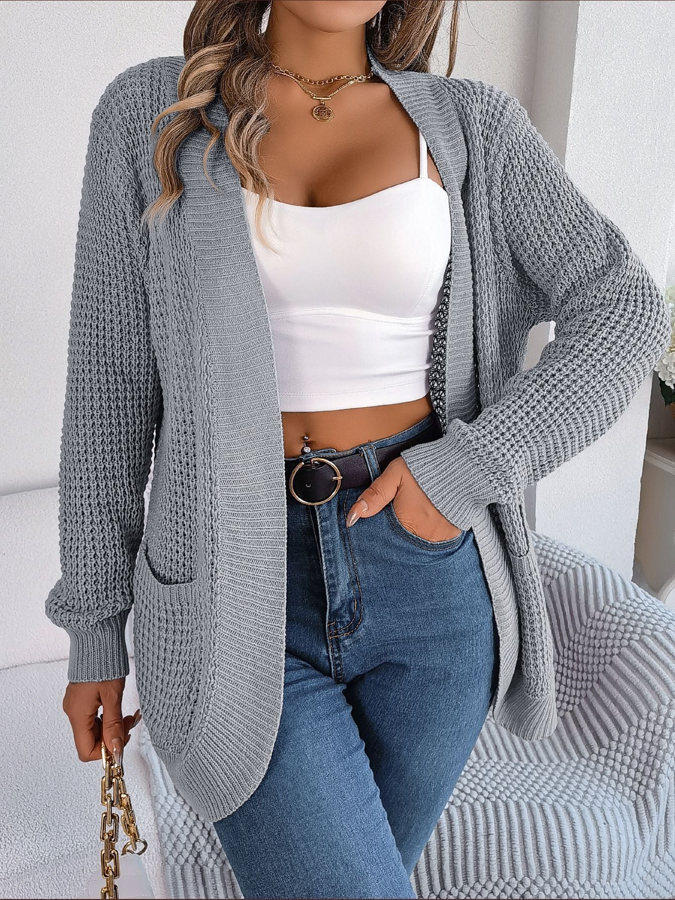 Herbst und Winter lässige Tasche Langarm Strickpullover Strickjacke 
