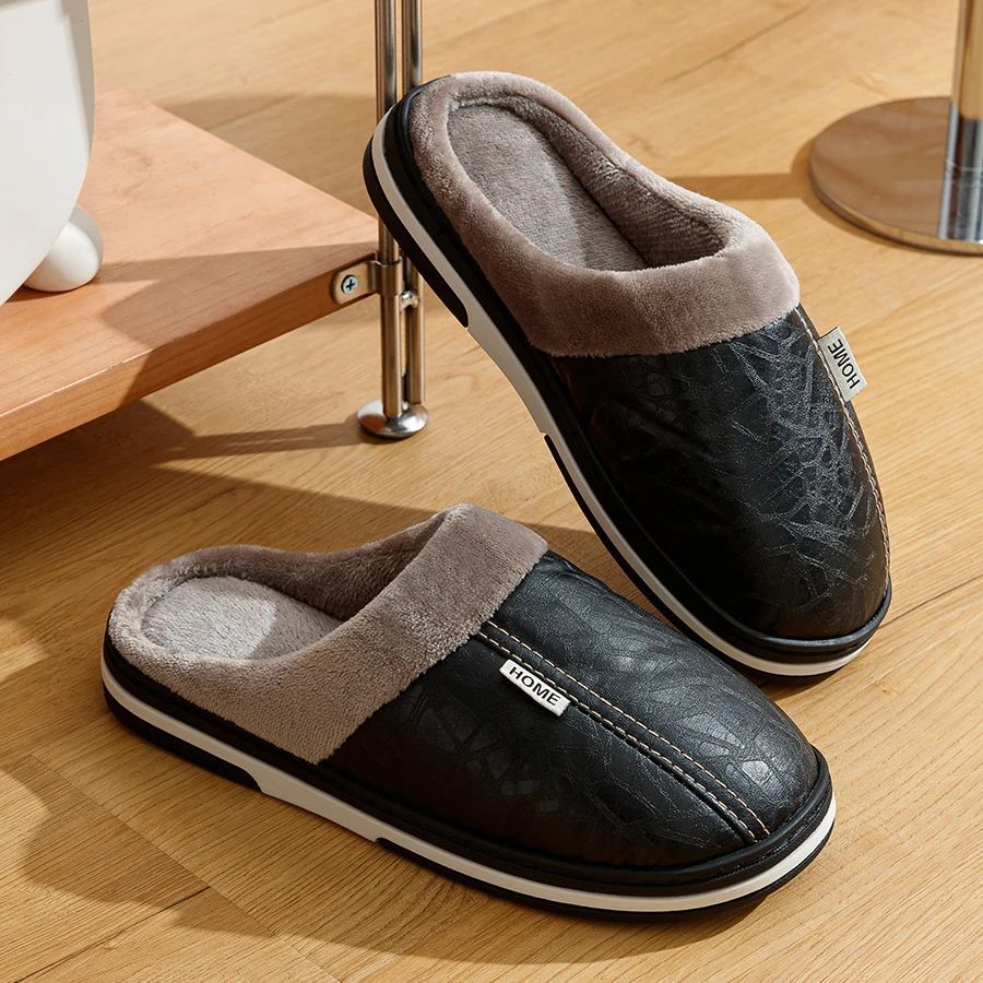 PU Leather Big Sizes Slippers Indoor Waterproof Fur Flat