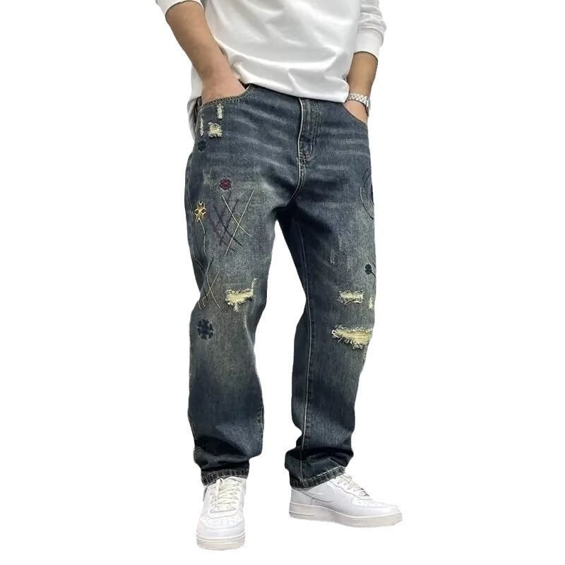 Lockere, gerade, zerrissene Jeans im amerikanischen Stil mit Patches für Frühling und Herbst