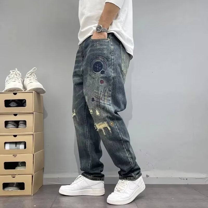 Lockere, gerade, zerrissene Jeans im amerikanischen Stil mit Patches für Frühling und Herbst