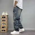 Lockere, gerade, zerrissene Jeans im amerikanischen Stil mit Patches für Frühling und Herbst