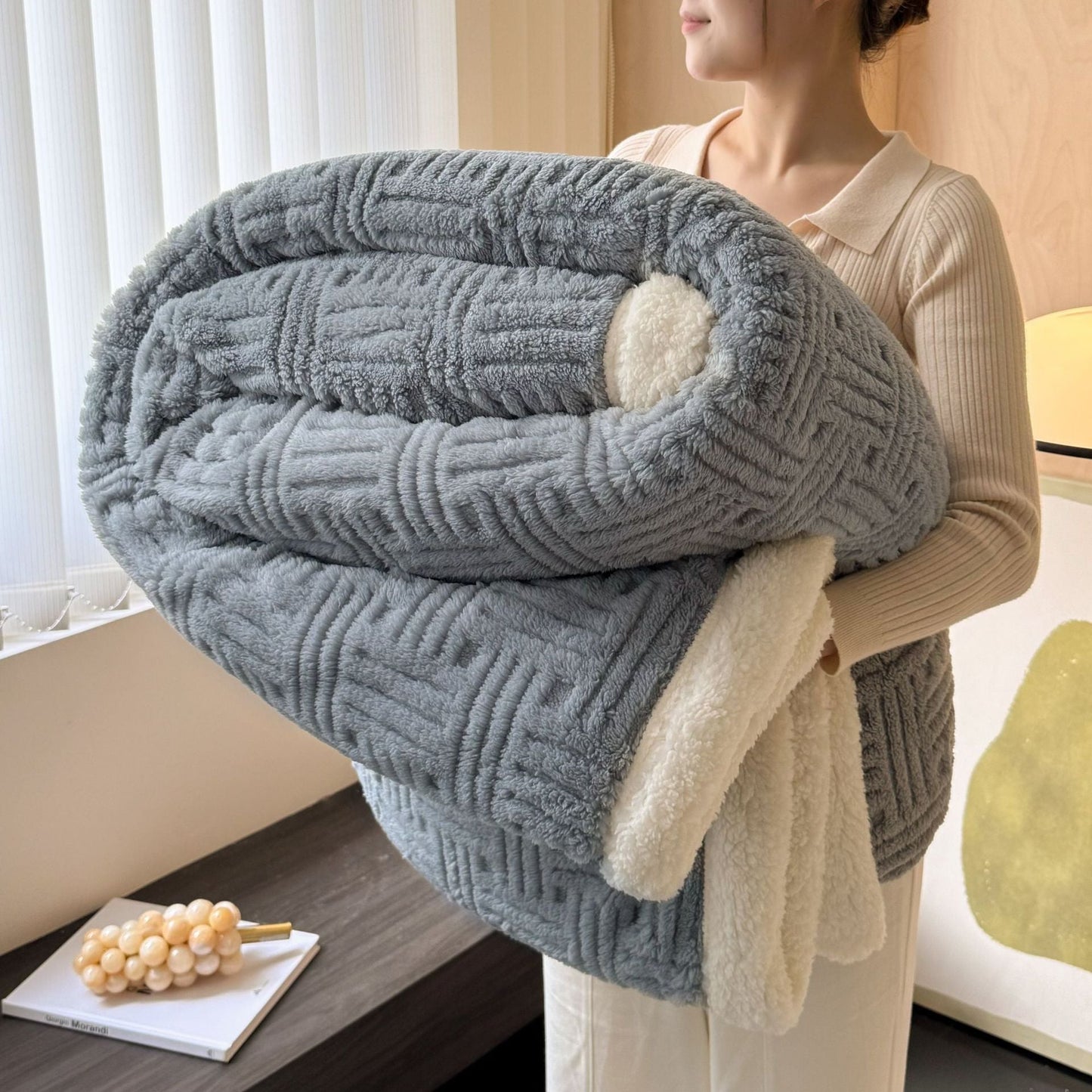 Doppellagige, dicke, warme Decke aus Jacquard-Lammwolle