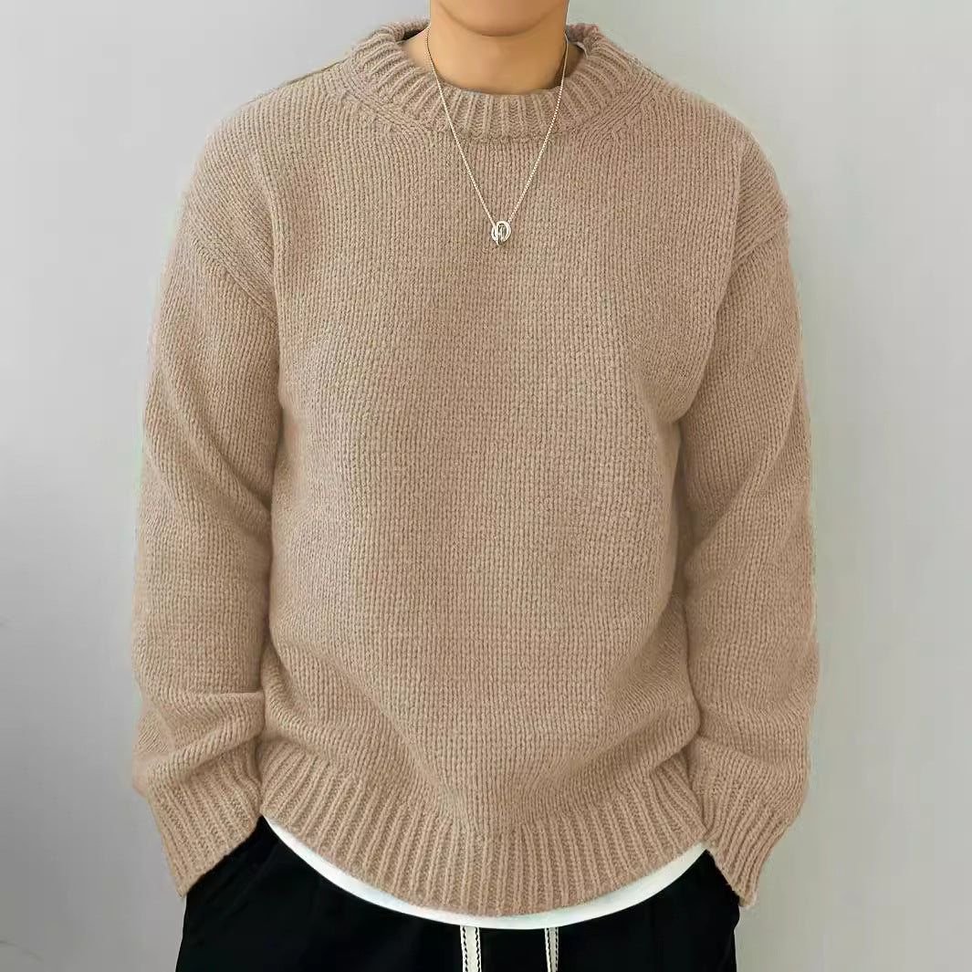 Einfarbiger locker gestrickter Pullover Freizeit im japanischen Stil Retro Langarm Rundhalspullover Herren