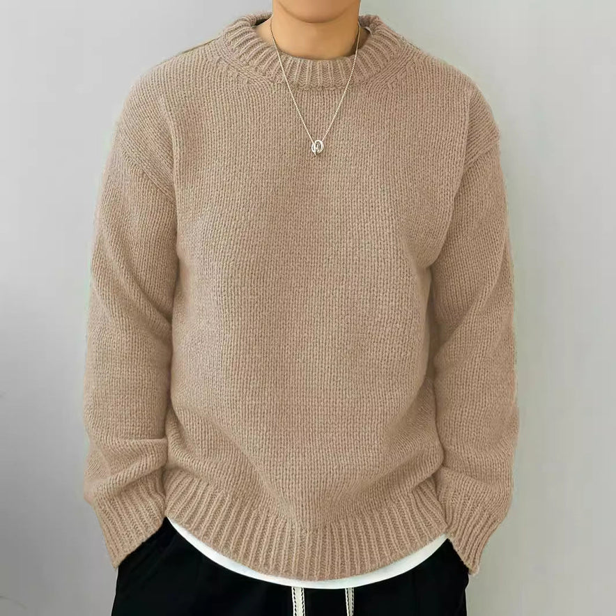 Einfarbiger locker gestrickter Pullover Freizeit im japanischen Stil Retro Langarm Rundhalspullover Herren