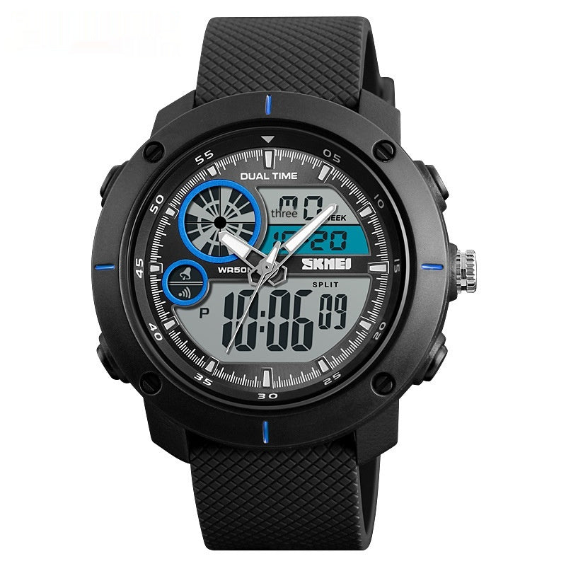 Wasserdichte Uhr mit Doppelanzeige, Outdoor-Sport, Student, Doppelzeitkalender, Chronograph, elektronische Uhr
