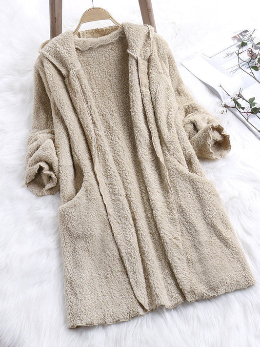 Lässige, einfarbige, langärmlige Plüschjacke mit Kapuze