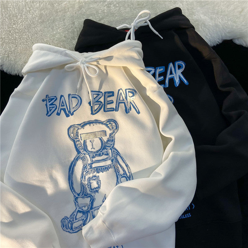 Amerikanischer Hiphop-Bär-Kapuzenpullover für Damen im Herbst und Winter im koreanischen Stil, lockere High Street, Übergröße, Retro-BF-Preppy-Style-Oberteil