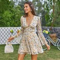 Summer New Simple Elegant Floral V-neck Flared Sleeves Women's Clothing Dress