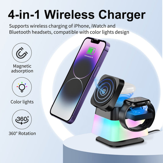 4 in 1 drehbarer kabelloser Ladeständer mit farbenfroher Beleuchtung für Telefon 15 14 13 12 Pro Max 8 7 Halter magnetische Schnellladestation