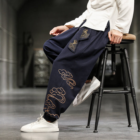 Neu Herrenhose im chinesischen Stil mit Aufdruck, lockere Hose mit weitem Bein, Übergröße