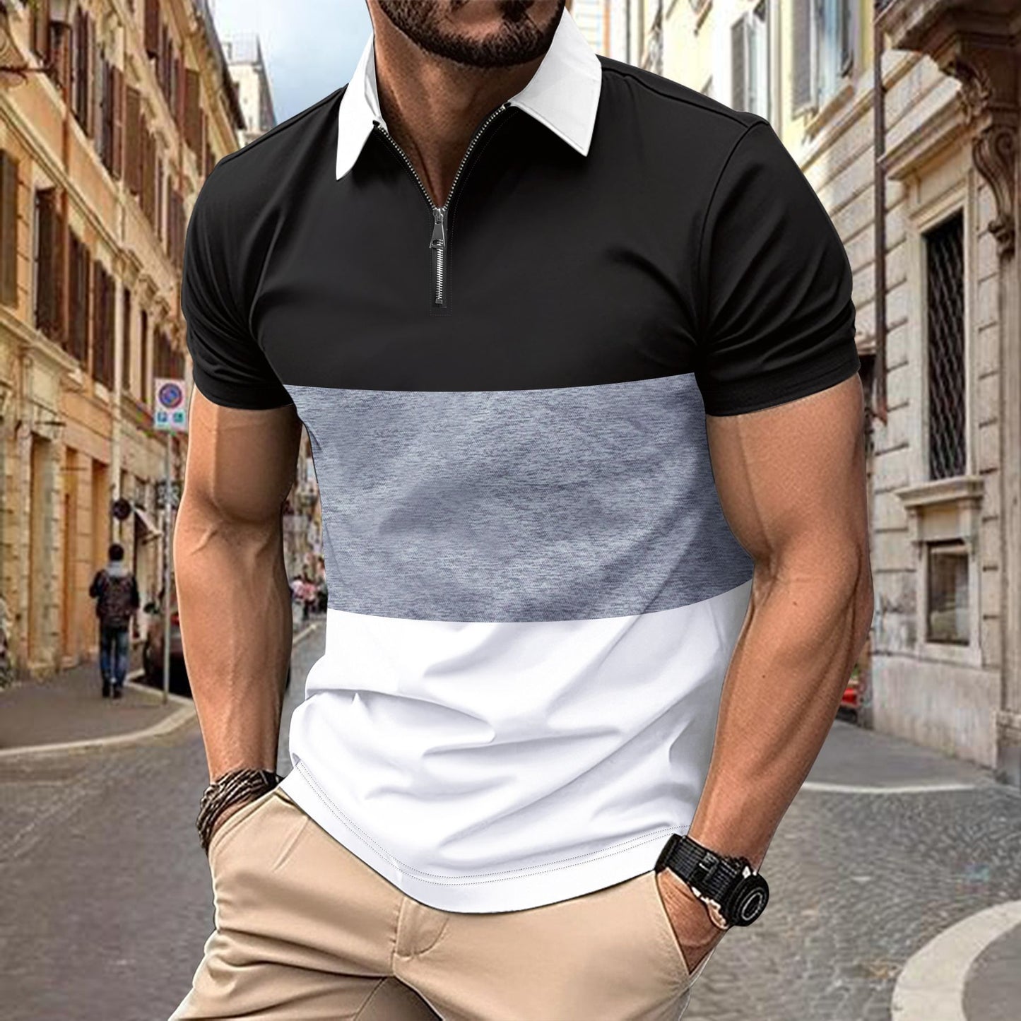T-Shirt mit mehrfarbigem Aufdruck, Reißverschluss und Revers