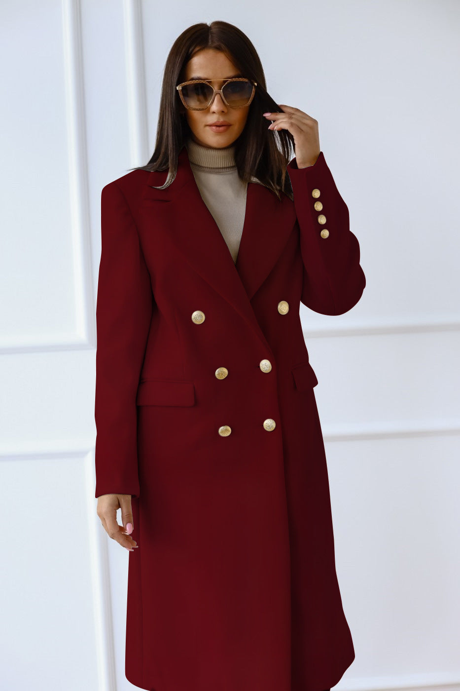 Lange Tweedjacke mit Metallschnalle für Herbst und Winter für Damen