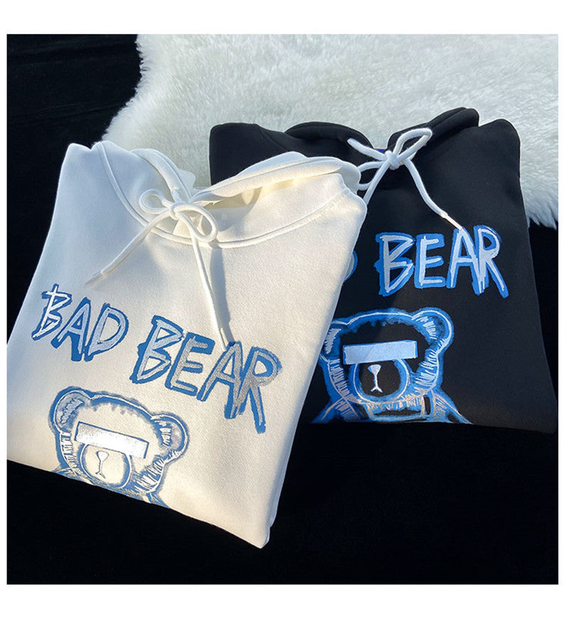 Amerikanischer Hiphop-Bär-Kapuzenpullover für Damen im Herbst und Winter im koreanischen Stil, lockere High Street, Übergröße, Retro-BF-Preppy-Style-Oberteil