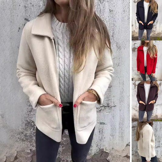 Revers Reißverschlussjacke mit Taschen Mode einfarbig Mantel Herbst Winter Damenbekleidung