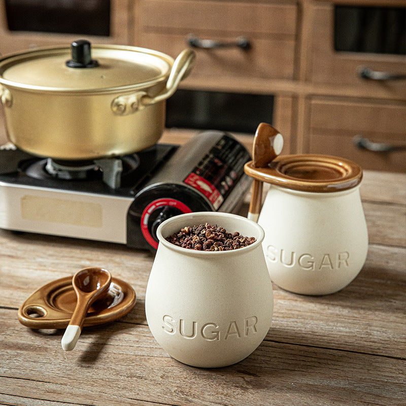 Vintage Ceramic Seasoning Jar With Cover Spoon