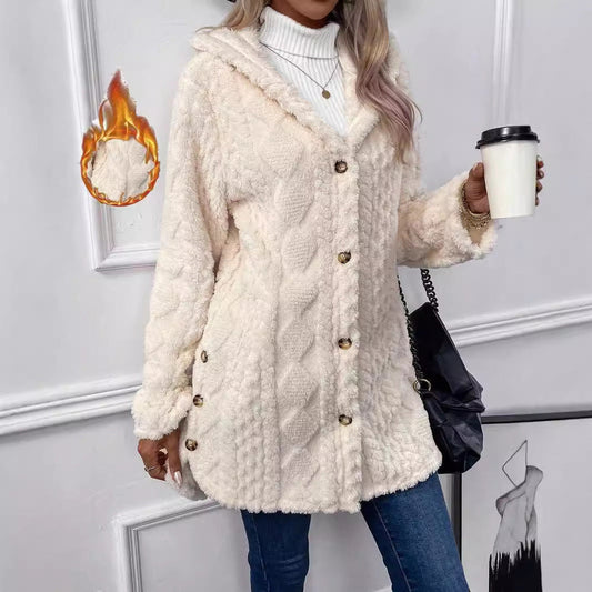 Strickjacke mit Kapuze und Knopf, lange Jacke, Winter, einfarbig, langärmelig