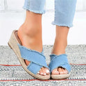 Denim Fashion Hanf geflochtene leichte High Heel Hausschuhe