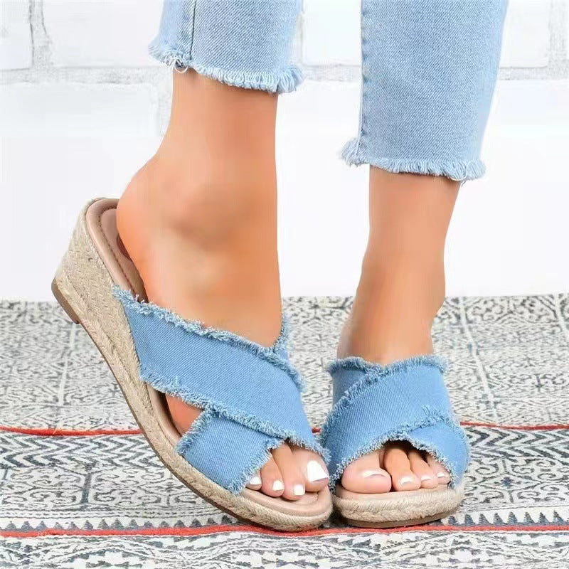 Denim Fashion Hanf geflochtene leichte High Heel Hausschuhe