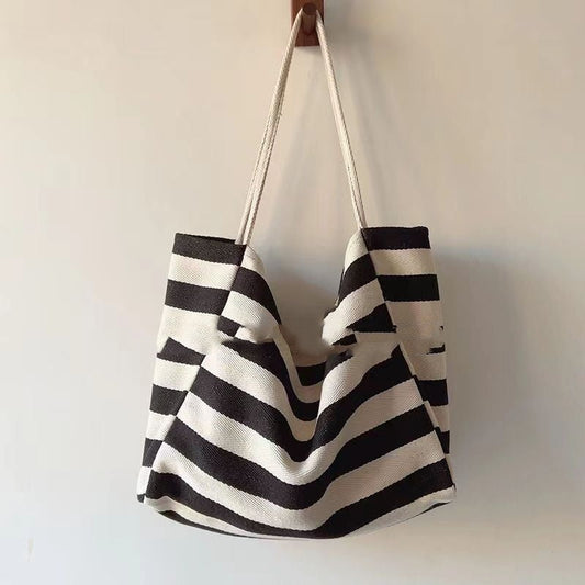 Ins Künstlerische Kontrast Farbe Gestreiften Canvas Tasche Große Kapazität
