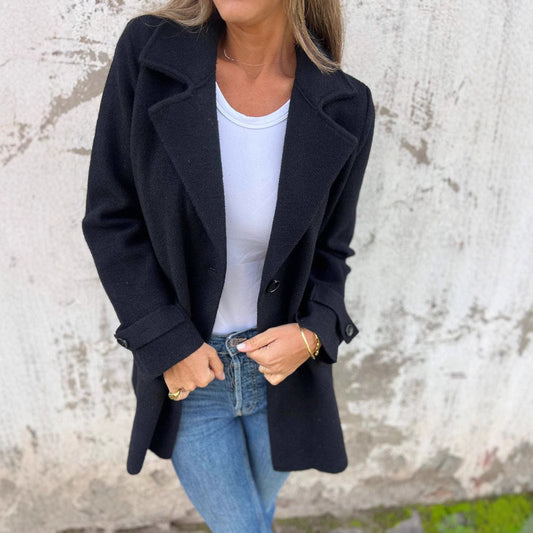 Damen Wollmantel Lässiger lockerer Revers Faux-Tasche Cardigan Wollmantel