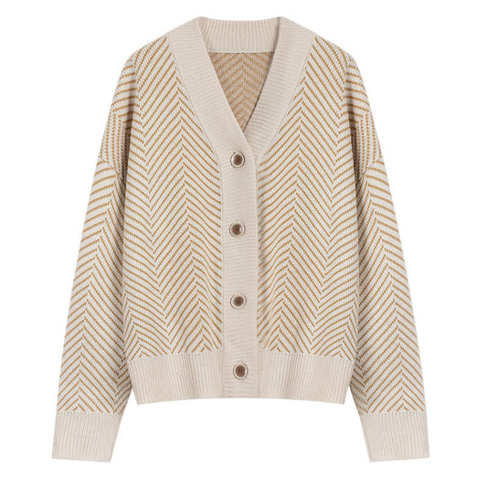 V Neck Diamond Striped Lazy Style Literary Knit Cardigan Jacket